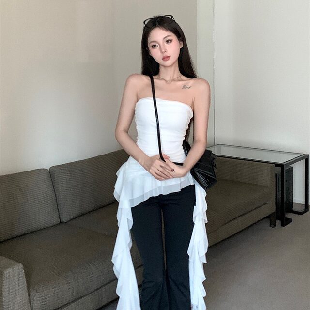 Spring new sexy pure and irregular ruffled ribbon design strapless girl solid color top for women
