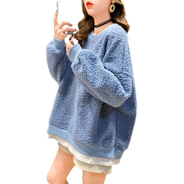 Large size fake two-piece lamb fur round neck sweatshirt for women ins winter new Korean loose plush thick top
