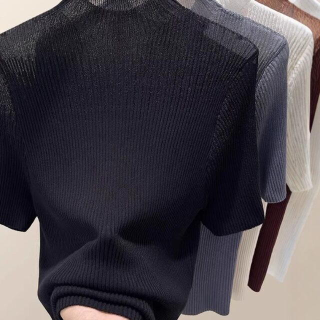 2025 summer slim thin hollow top for women Korean style outfit new half-high neck mesh lace short sleeve knitted
