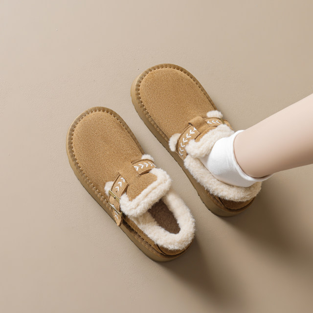 Genuine leather ~ thick-soled Birkenstock shoes for women 2025 new winter furry shoes plus velvet thickened snow boots warm cotton shoes