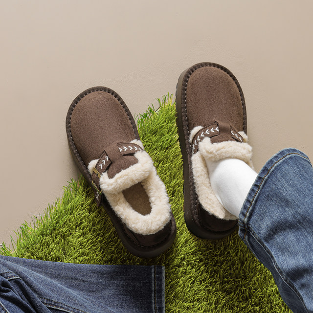 Genuine leather ~ thick-soled Birkenstock shoes for women 2025 new winter furry shoes plus velvet thickened snow boots warm cotton shoes