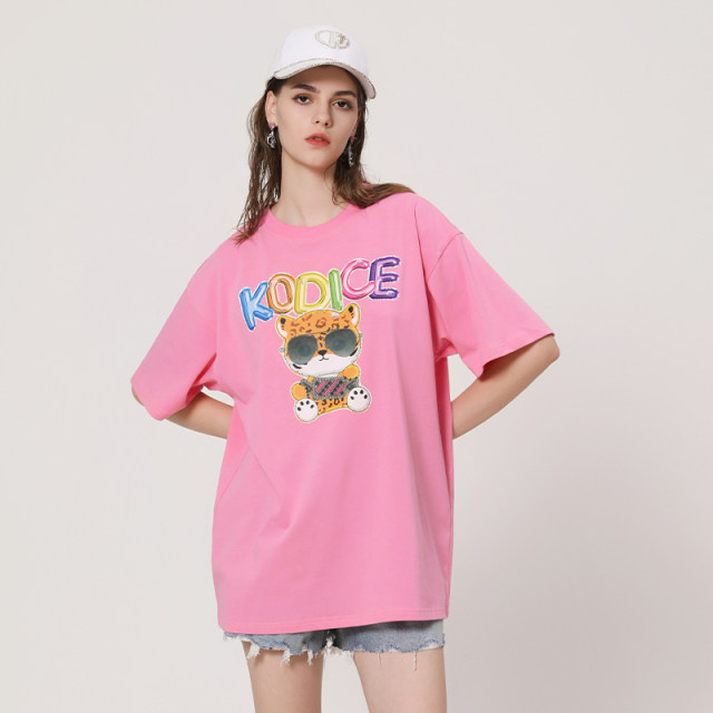kodice spring and summer new pink cotton round neck T-shirt short-sleeved top cartoon printed loose casual women's clothing