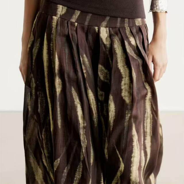 Spanish MD women's new retro abstract print print light and flowing pleated skirt spring and autumn long skirt