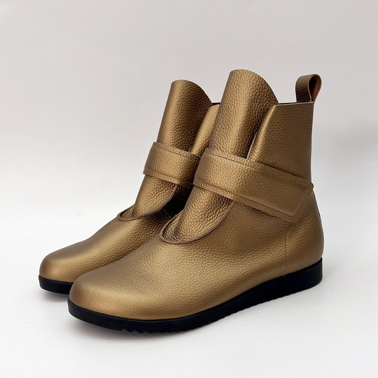 Cabinet Ya's Women's Boots Genuine Leather Soft Wide Last Flat Boots Velcro Cowhide Soft Sole Mom Boots Plus Velvet Sleeve Short Boots