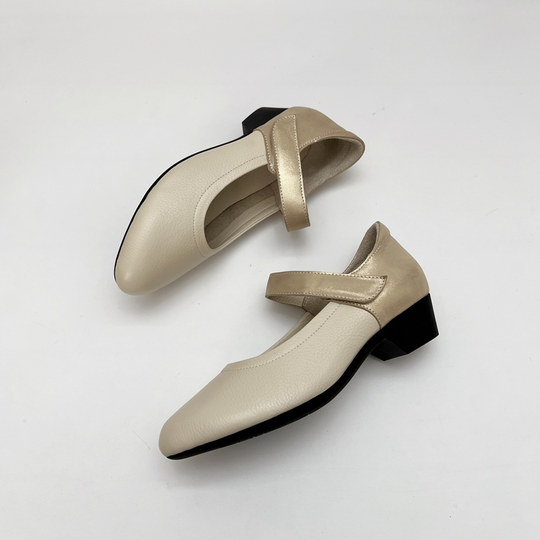 Soft and comfortable single shoes, mid-heel genuine leather cabinet, Yaste women's shoes, soft-surface, soft-soled mother's shoes, mid-heel Velcro work shoes