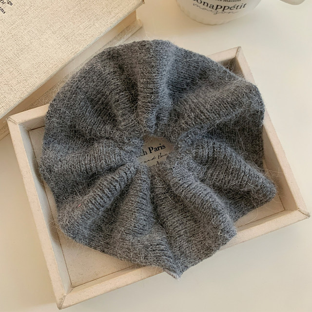 Gray large rabbit fur knitted wool large intestine hair tie for women in autumn and winter with low ponytail hair rope and hair rubber band