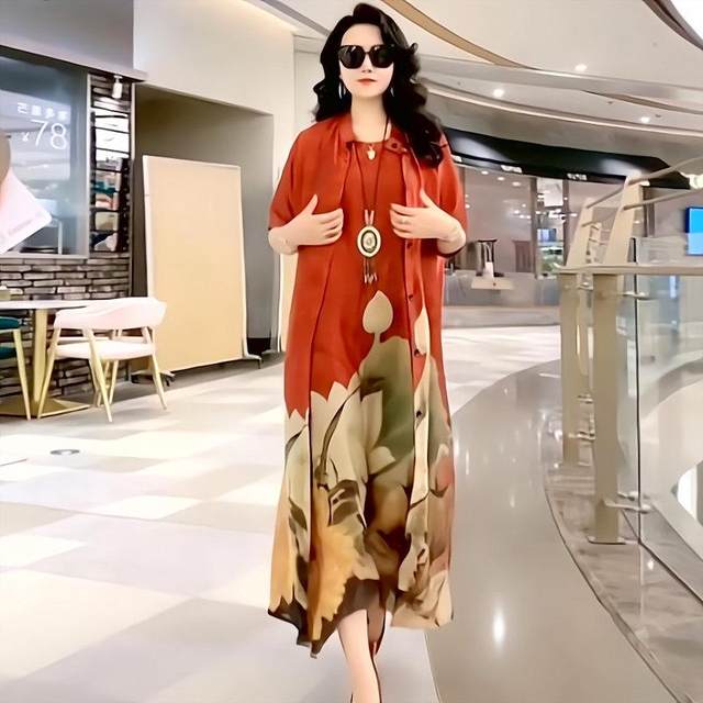Large size silk dress for women two-piece 2025 spring new style rich lady temperament slim print suit skirt
