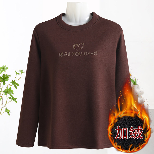 Mother's autumn and winter velvet bottoming shirt for middle-aged and elderly women, large size, loose, flesh-covering, round neck, warm, elastic, long-sleeved top