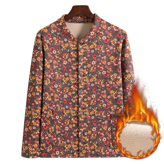 Mom keeps warm underwear female grandma grandma in autumn and winter plus velvet thickened cardigan middle elderly people large size loose floral top