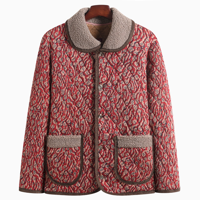 Mom's autumn and winter thick velvet lapel coat for middle-aged and elderly women, large size fashionable loose cotton coat, three-layer thickened cotton jacket