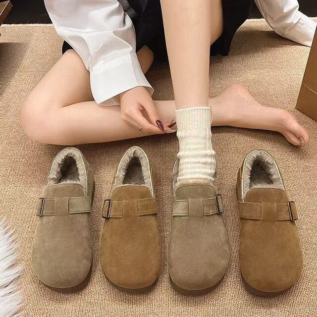 Counter 2025 autumn and winter new snow boots genuine leather retro plus velvet Birkenstock shoes women's flat beanie slip-on cotton shoes