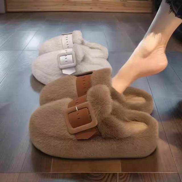 Counter Baotou furry slippers for women for autumn and winter outer wear 2025 new Internet celebrity popular thick-soled platform plush slippers