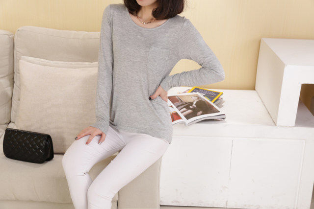 European and American spring women's clothing modal solid color pocket loose slim long-sleeved pullover T-shirt women's base shirt
