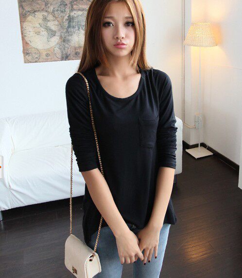 European and American spring women's clothing modal solid color pocket loose slim long-sleeved pullover T-shirt women's base shirt
