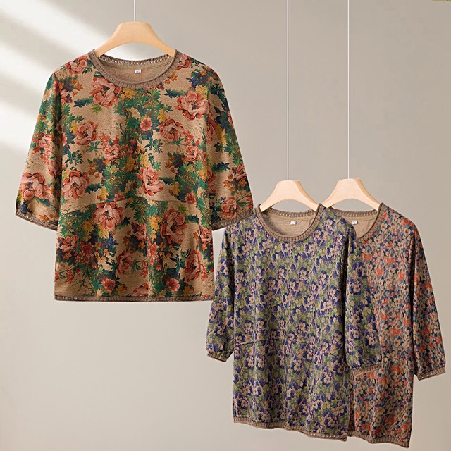 
Middle-aged and elderly five-point sleeve top pure cotton knitted T-shirt spring and summer new mother fashionable loose large-size base shirt