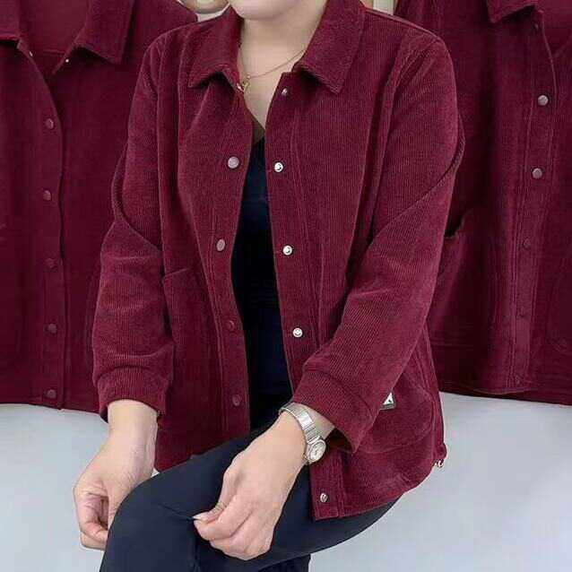 Middle-aged mother wears high-end corduroy jacket 2025 autumn new fashion polo collar double-pack shirt top for women