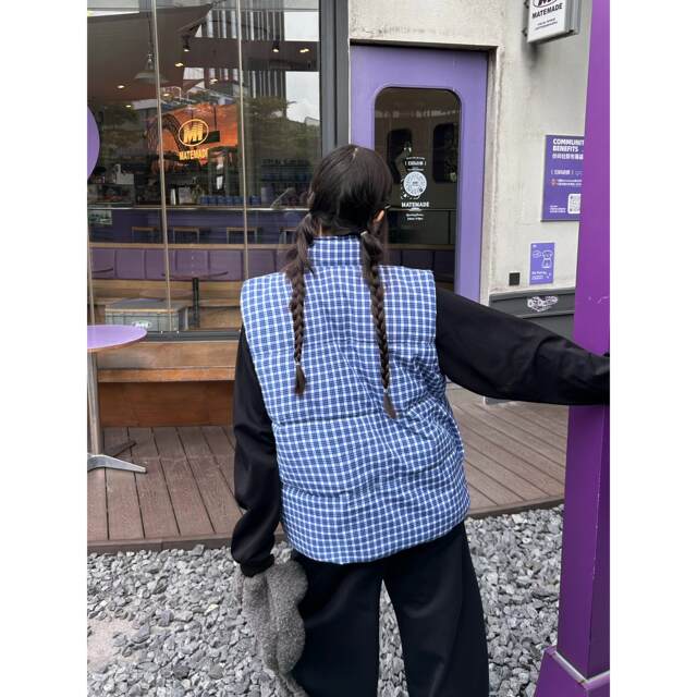 FGOB's new Korean -style white small incense wind spring stands blue plaid vest sleeveless wild top cotton jacket vest