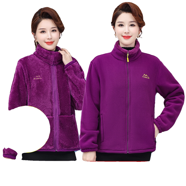 Middle-aged and elderly women's clothing with velvet plush thickened coral velvet top coat cardigan sweatshirt large size fleece jacket mother suit
