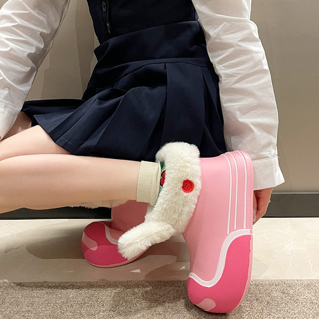 New mid-calf rain boots for women in autumn and winter plush and velvet thickened outer wear versatile fashionable cute little rabbit snow boots