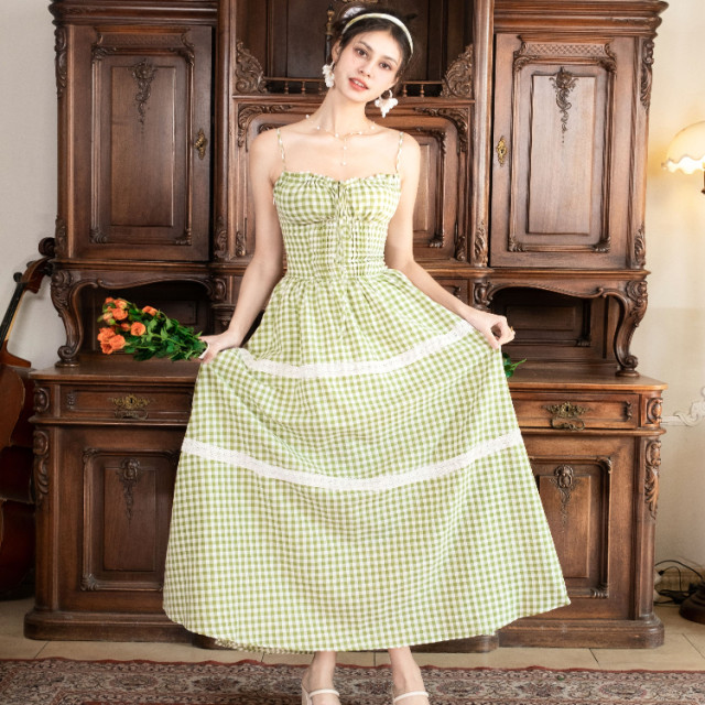 Bujiu Forest Elf Green Plaid Skirt Hem Waist-Close-up Sling New Summer Holiday Style Slim