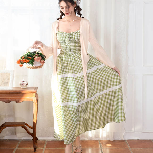 Bujiu Forest Elf Green Plaid Skirt Hem Waist-Close-up Sling New Summer Holiday Style Slim