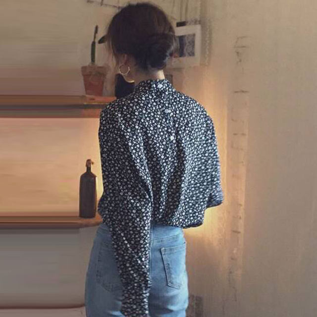 Korean chic autumn retro temperament stand-up collar back single-breasted design long-sleeved floral chiffon shirt top for women