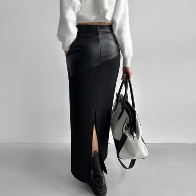 South Korea Chic Winter retro handsome high waist, thin waist, thin waist stitching PU leather straight hip skirt long skirt female