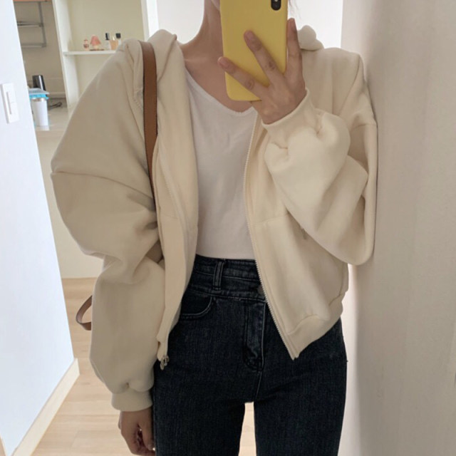 South Korea Chic autumn and winter niche minimalist hooded pull rope zipper design Loose and versatile long -sleeved sweater outside women