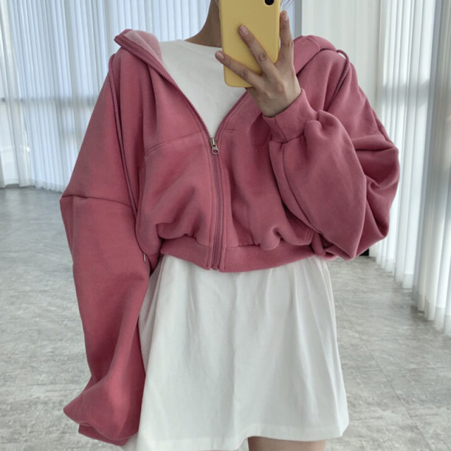 South Korea Chic autumn and winter niche minimalist hooded pull rope zipper design Loose and versatile long -sleeved sweater outside women