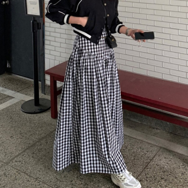 Korean chic summer new retro versatile high waist slim design niche plaid skirt long skirt for women