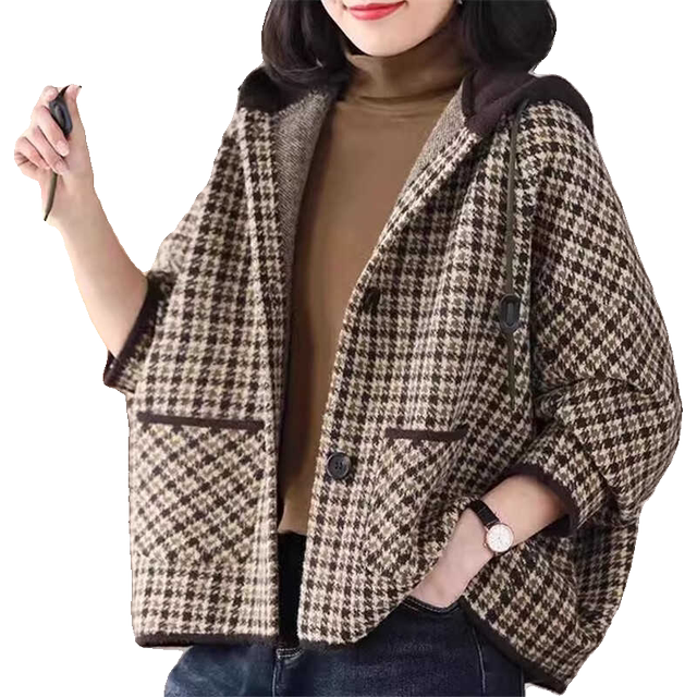 2024 Spring and Autumn New High-end Plaid Cashmere Woolen Short Jacket Women's Loose Bat Sleeve Thickened Hooded Cardigan