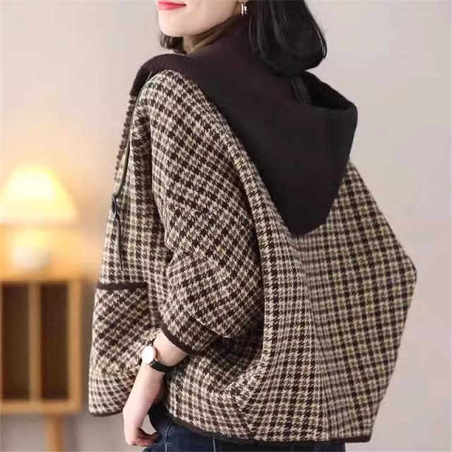 2024 Spring and Autumn New High-end Plaid Cashmere Woolen Short Jacket Women's Loose Bat Sleeve Thickened Hooded Cardigan