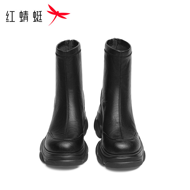 Red Dragonfly thick-soled short boots for women 2025 winter new women's shoes boots black plus velvet slim boots increased elastic boots