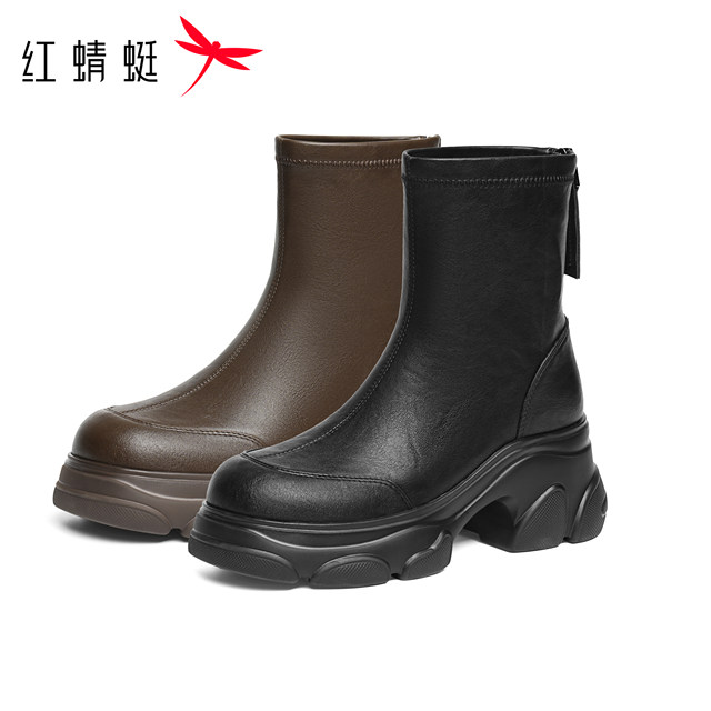 Red Dragonfly thick-soled short boots for women 2025 winter new women's shoes boots black plus velvet slim boots increased elastic boots