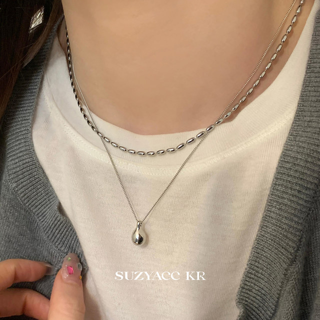 suzyacc kr niche high-end water drop pendant double layer necklace for women 2024 new simple bean chain