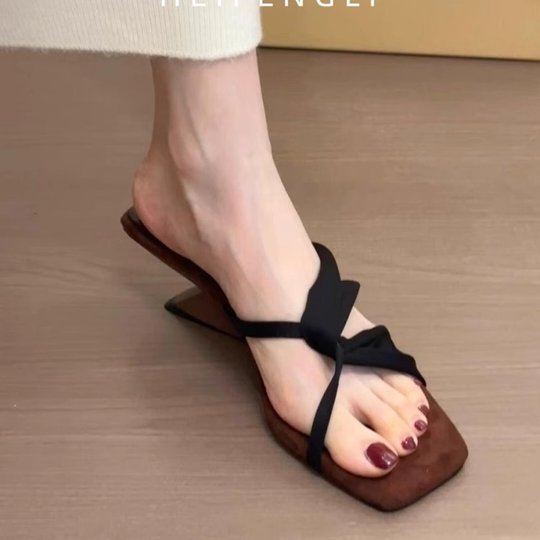 Sheepskin version! Square-toe suede strap heel sandals for women's summer wear cross-belt design open-toe sandals