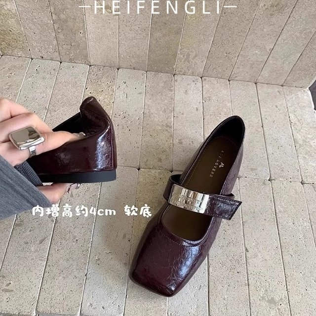 French black inner heightened Mary Jane single shoes for women 2025 new fairy style square-toe buckle flat leather shoes