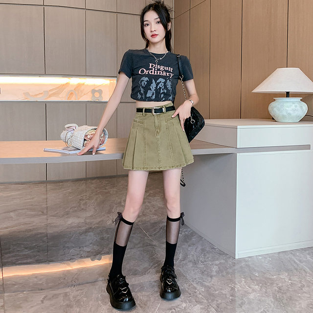Gray denim skirt for women thin summer 2025 new high-waist pleated short skirt anti-exposure A-line skirt pants