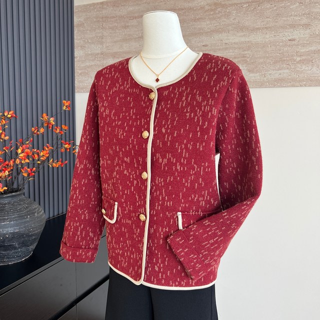 Mom's new autumn round neck long sleeve cardigan fashionable ladies versatile top middle-aged and elderly ladies spring and autumn jacket