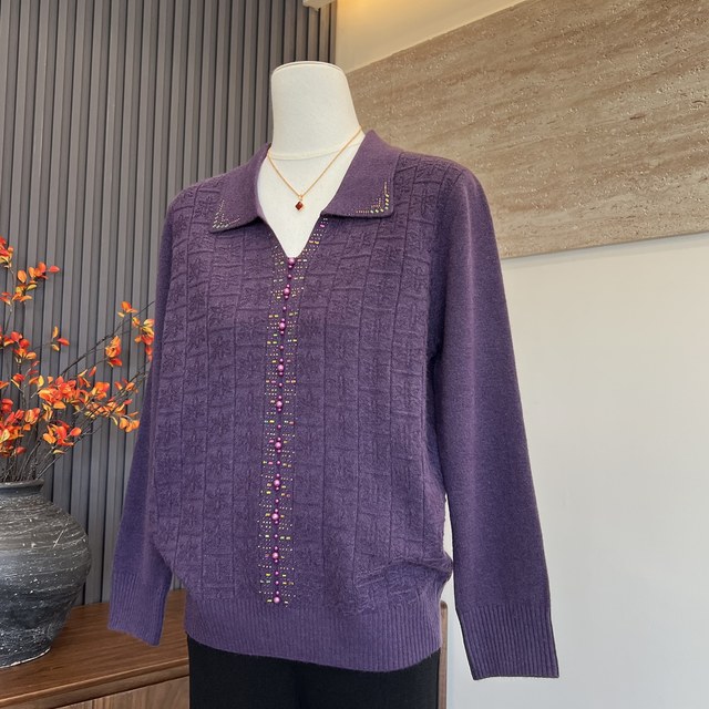 Fashionable new mother's knitted sweater, long-sleeved lapel top, hot rhinestoned soft sweater inner layer for middle-aged and elderly women