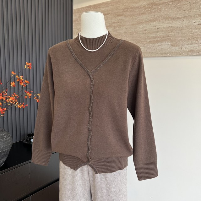 New mother's clothing autumn knitted sweater top fake two pieces with fashionable and foreign style half turtleneck sweater for middle-aged and elderly women