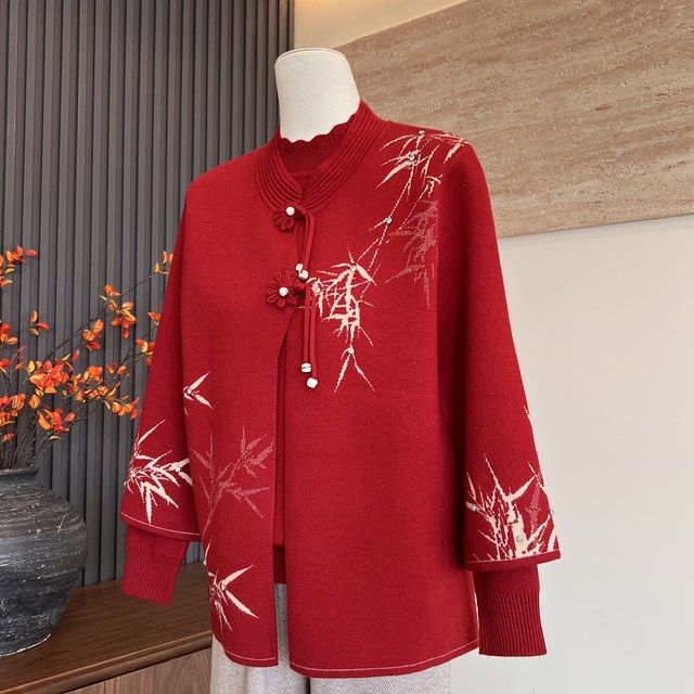 New Chinese style autumn new mother's clothing with inner jacket, two-piece winter temperament national style sweater set for middle-aged and elderly women