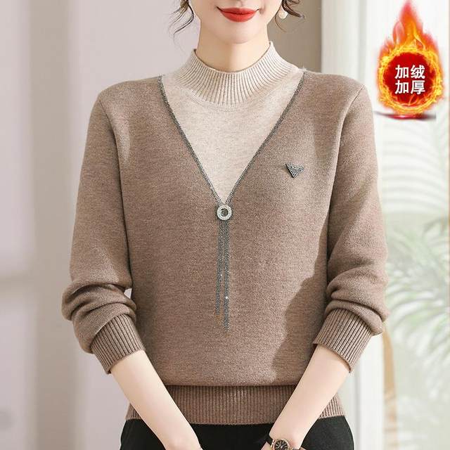 Mom's winter clothes plus fluff sweater new half turtle neck fake two pieces autumn and winter thickened integrated velvet middle-aged and elderly base shirt for women