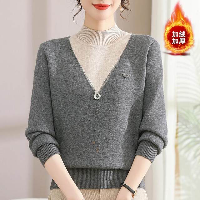 Mom's winter clothes plus fluff sweater new half turtle neck fake two pieces autumn and winter thickened integrated velvet middle-aged and elderly base shirt for women