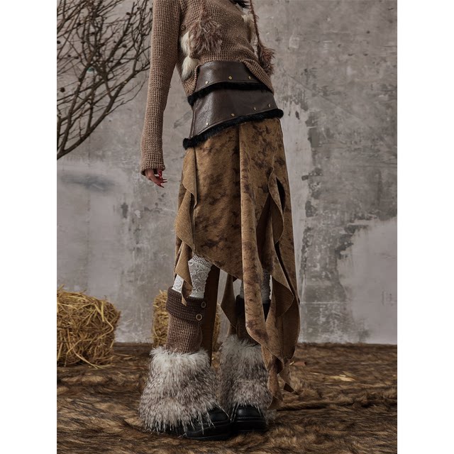Lost back garden retro wandering pu leather splicing rivet autumn and winter irregular ruffled long skirt for women
