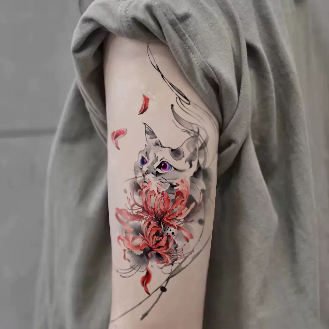 猫头红色彼岸花浮世绘纹身贴邪恶性感腿部持久男女防水小腿