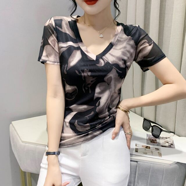 
Tie-dye printed short-sleeved women's summer 2024 new sexy V-neck mesh T-shirt European top fashionable and versatile small shirt