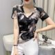 
Tie-dye printed short-sleeved women's summer 2024 new sexy V-neck mesh T-shirt European top fashionable and versatile small shirt
