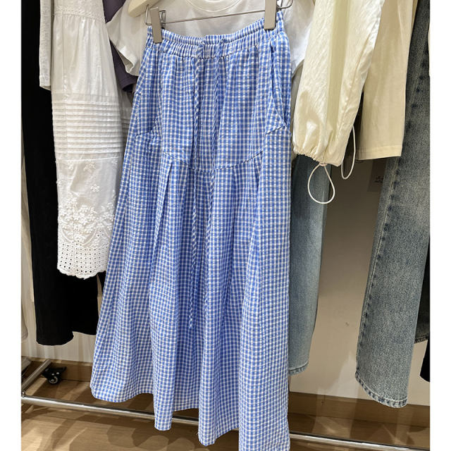 2025 new retro plaid skirt for women summer loose versatile drawstring A-line long skirt for slimming versatile skirt