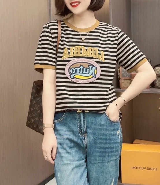 CD 2025 Striped Short-sleeved T-shirt Navy Blue White tencel 606658 main image 0